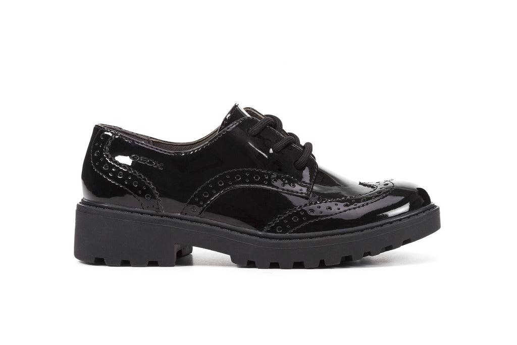 little brogues Childrens school shoes online, Geox Casey brogue black patent side