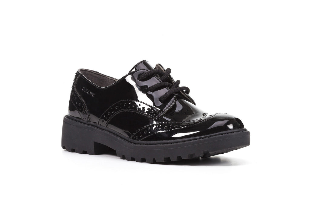 little brogues Childrens school shoes online, Geox Casey brogue black patent angle