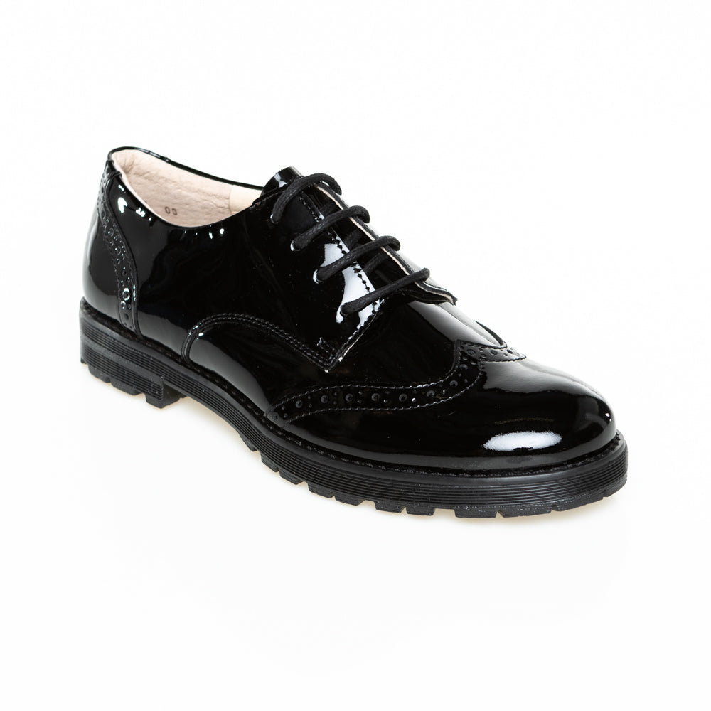 little brogues school shoes online Froddo Charlie black platent angle
