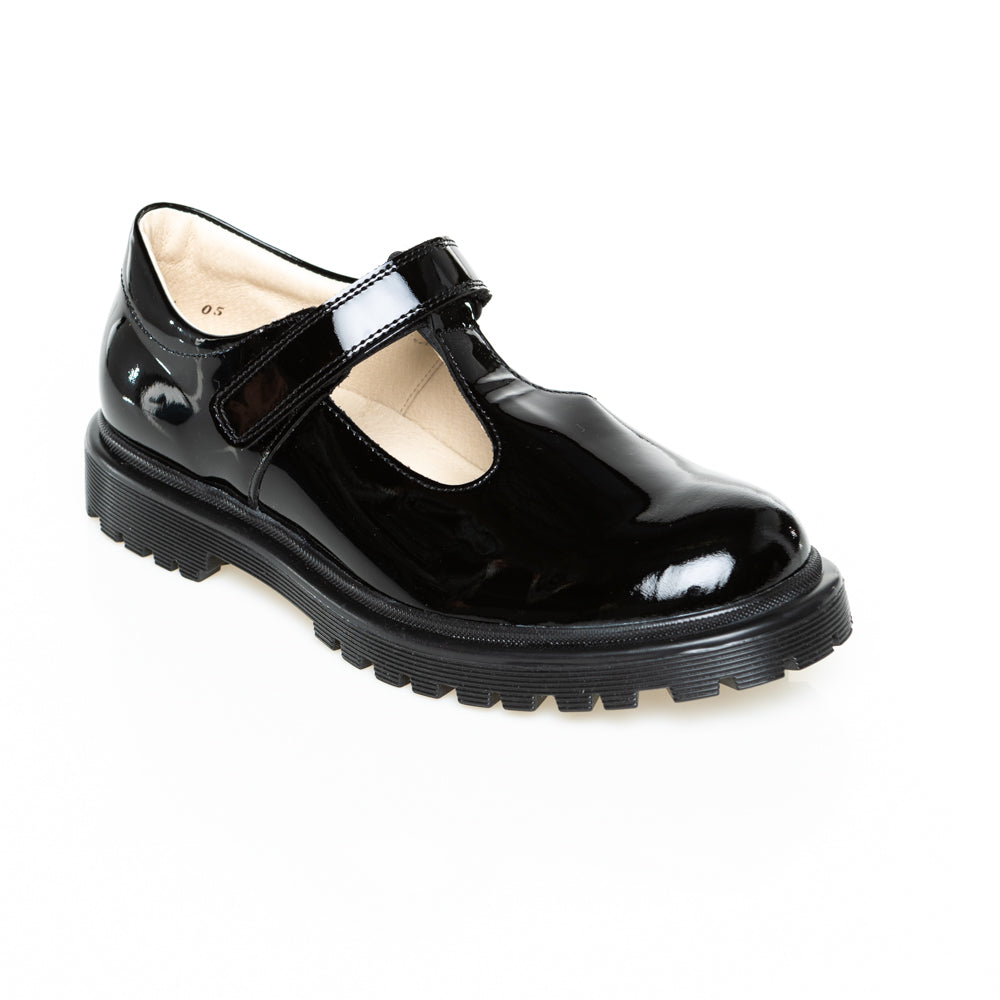 little brogues school shoes online Froddo Lea t black patent angle